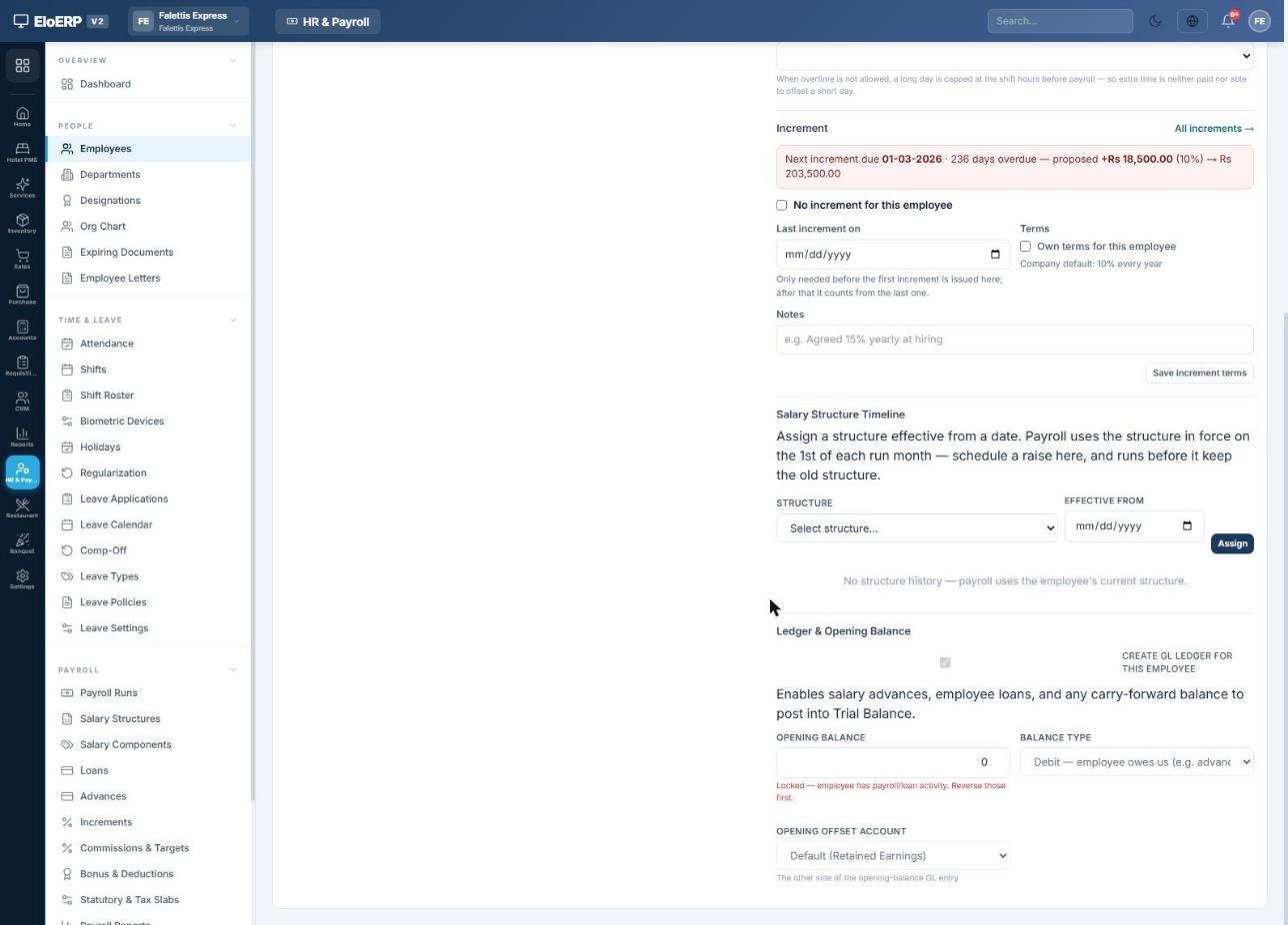 Ledger and Opening Balance section with Create GL ledger for this employee ticked