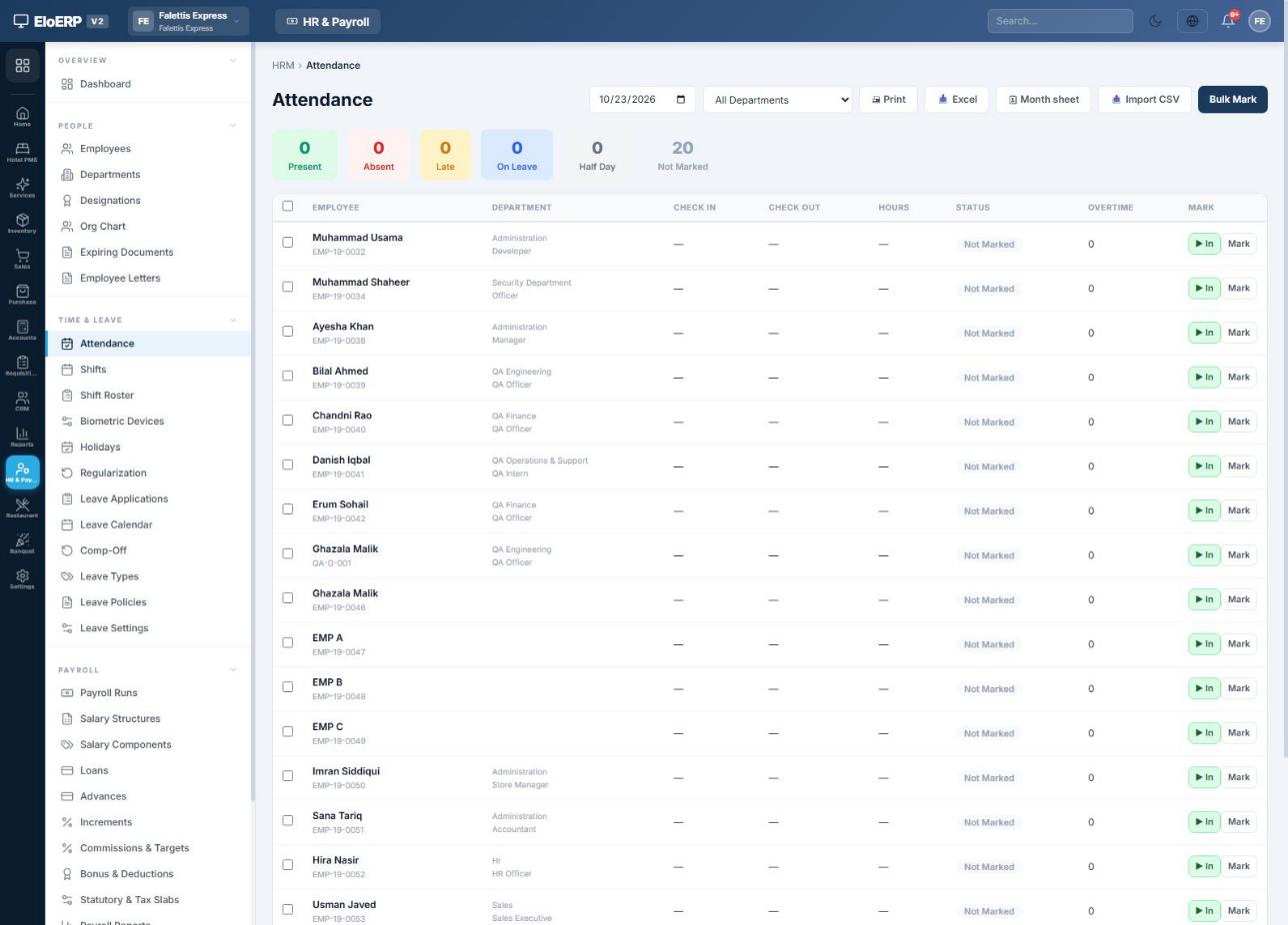 Attendance page with present, absent, late, on leave counters and per-employee check in and out