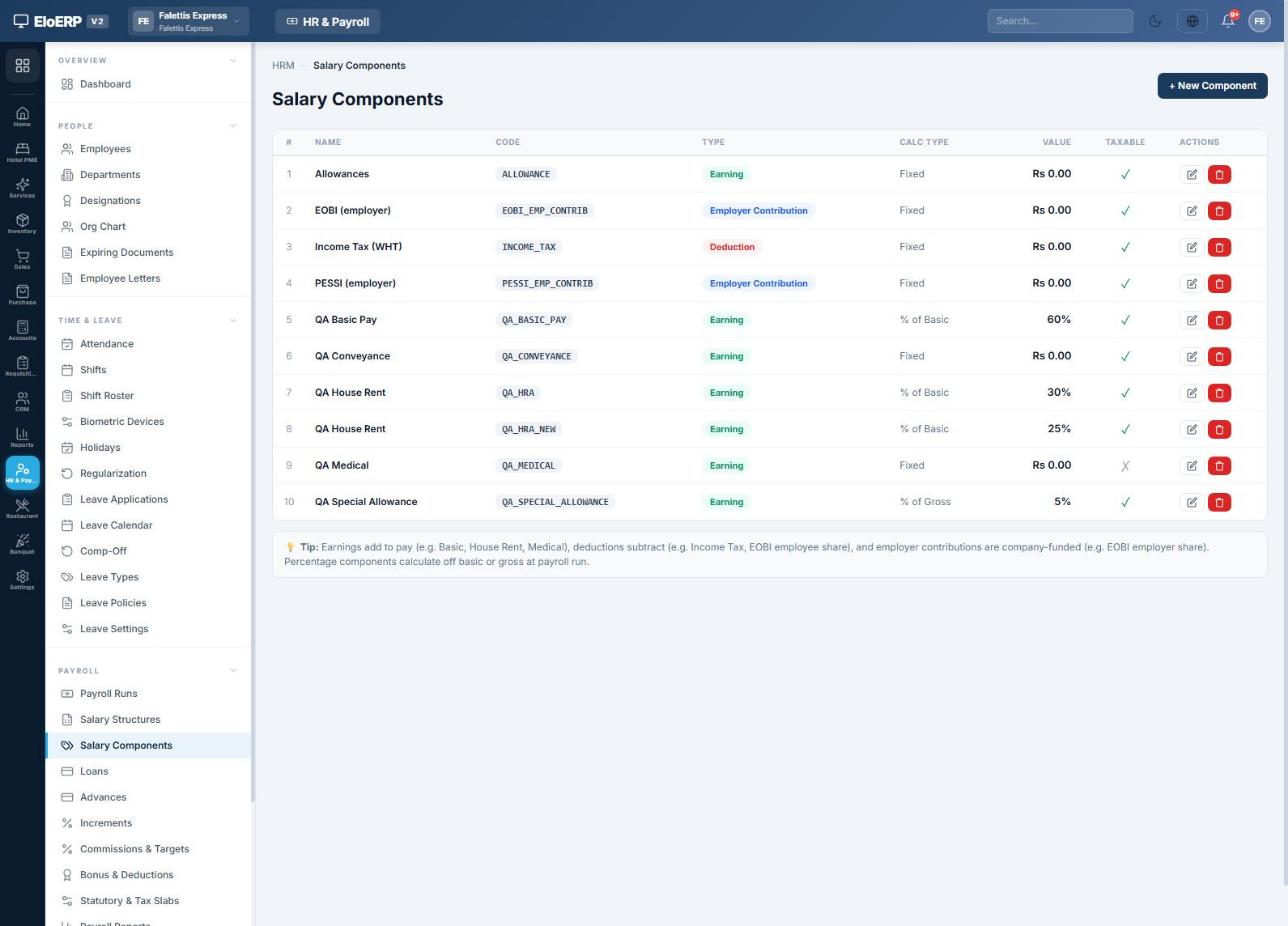 Salary components list with type, calculation type, value and taxable flag