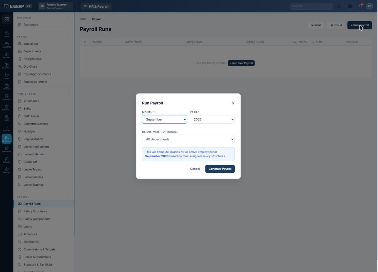 Run Payroll dialog with month September and year 2026