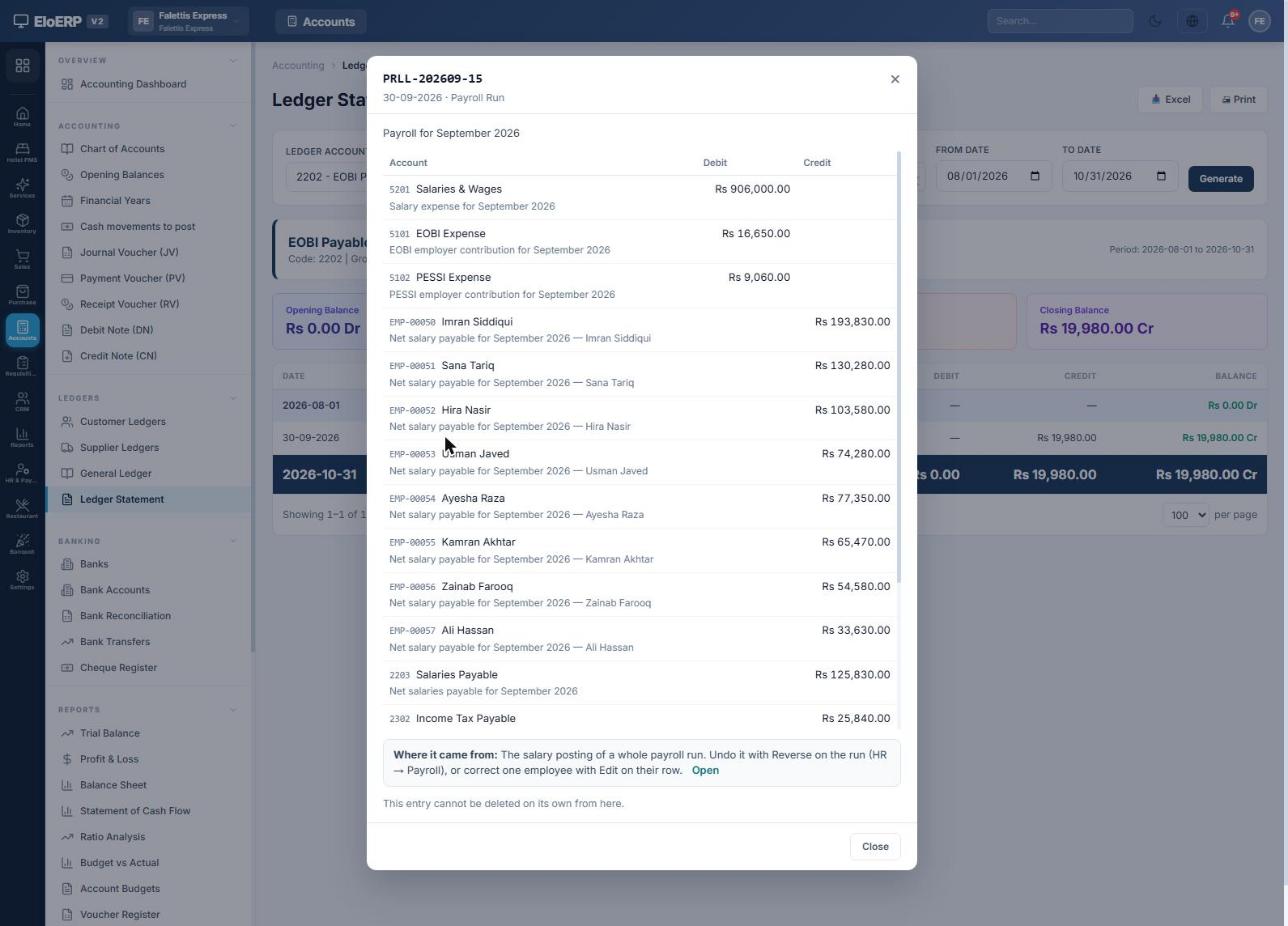 Voucher PRLL-202609-15 lines: salaries and wages, EOBI expense, PESSI expense, each employee's net salary payable, salaries payable, income tax payable