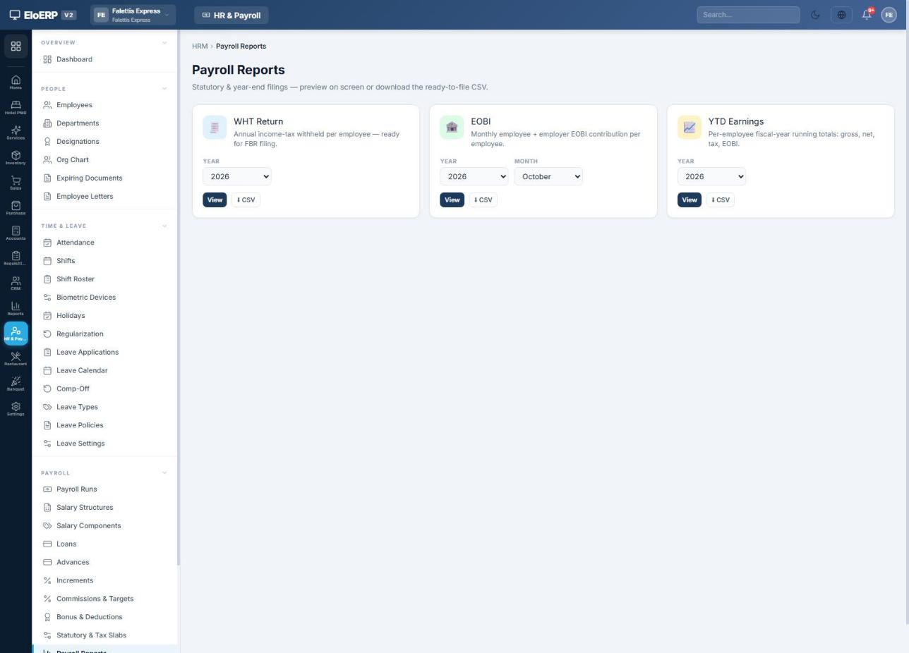 Payroll Reports page with WHT Return, EOBI and YTD Earnings, each with View and CSV